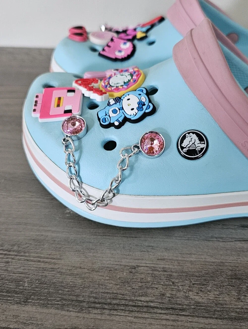 CROCS Kid Light Blue Clog Sandal Pink Trim Charms Girl J 3 Hello Kitty Minecraft